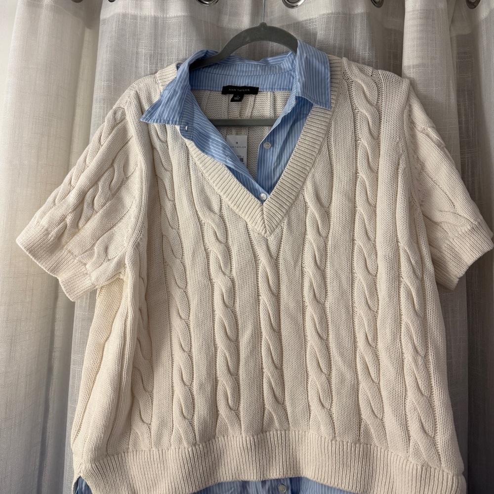 NWT: Ann Taylor Cream Sweater with Blue Striped Shirt Mixed Media Cable Knit